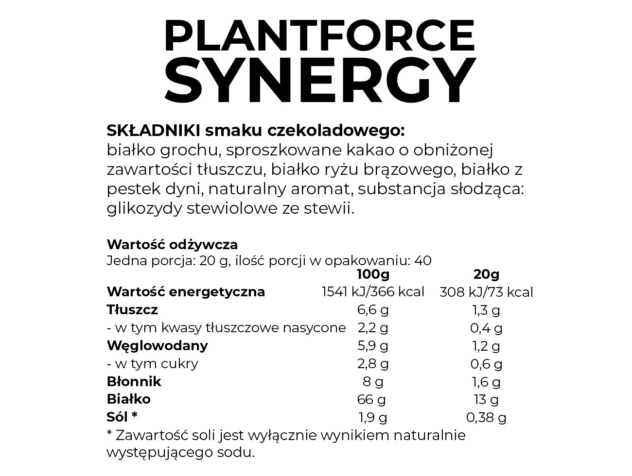 Białko Synergy czekoladowe - wartości odżywcze