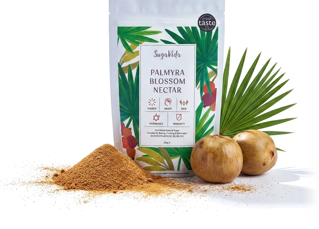 SugaVida Nektar z kwiatu Palmiry 250 g – opakowanie i proszek