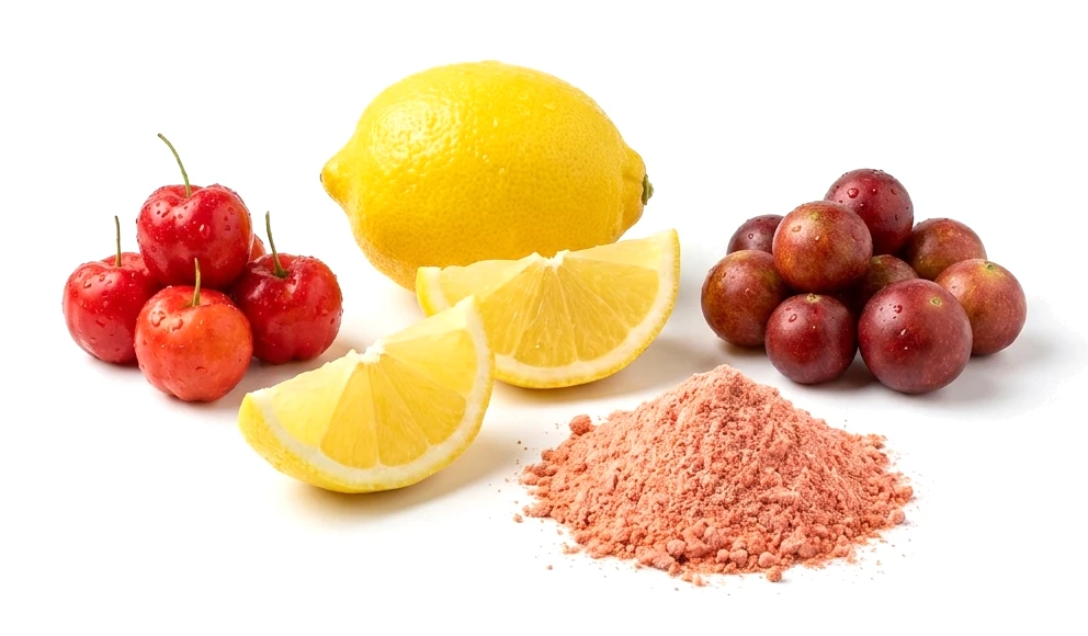 Acerola, cytryna i camu camu obok proszku witaminy C Plantforce