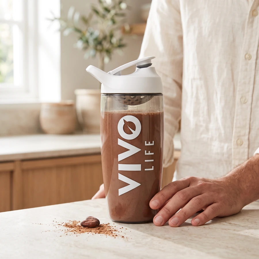 Krok 3: gotowy koktajl Clean Protein czekoladowy w shakerze Vivo Life Eco Zen