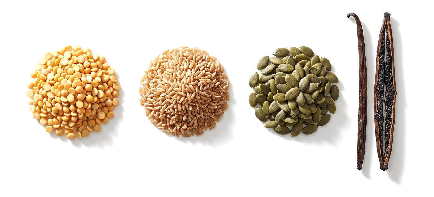 Składniki Clean Protein: groch, brązowy ryż, pestki dyni, laski wanilii
