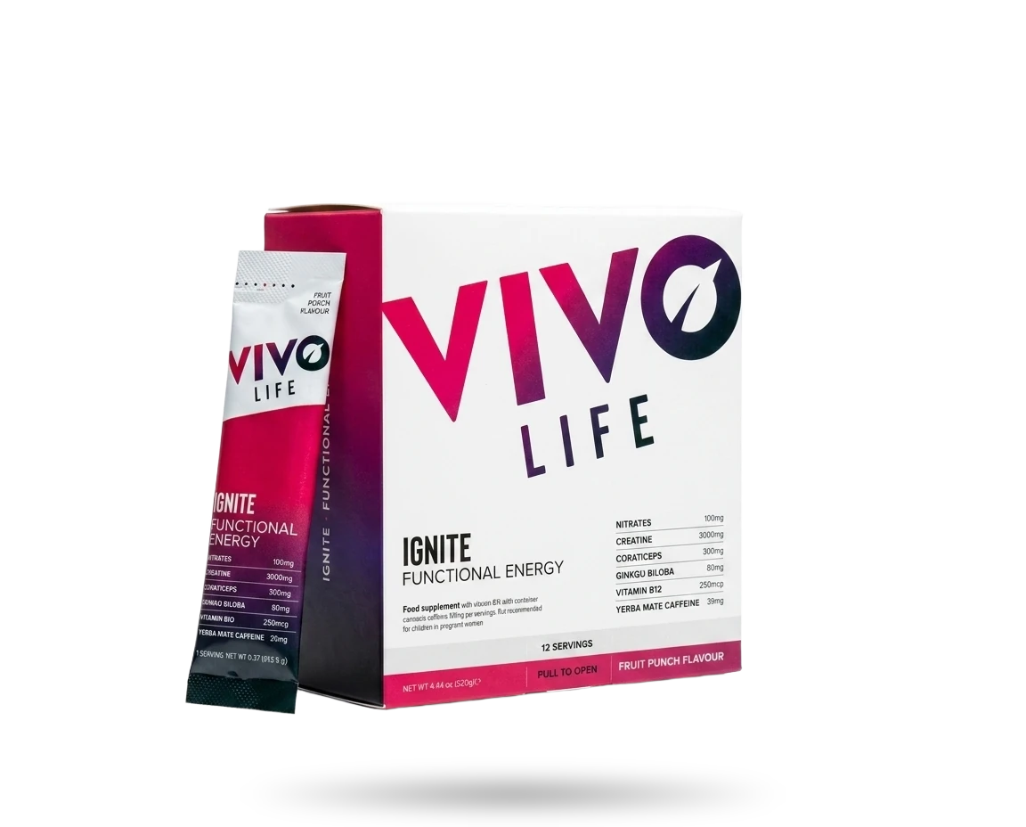 Vivo Life IGNITE owocowy pre-workout 126 g, opakowanie i saszetka
