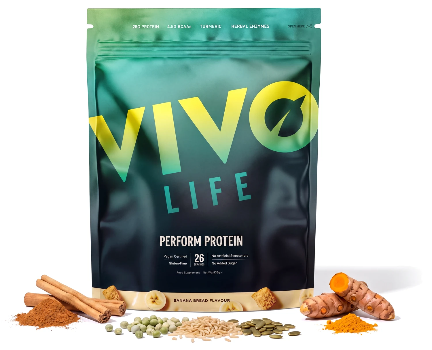 Vivo Life PERFORM chleb bananowy 936 g, wegańskie białko roślinne w proszku z BCAA i cynamonem cejlońskim
