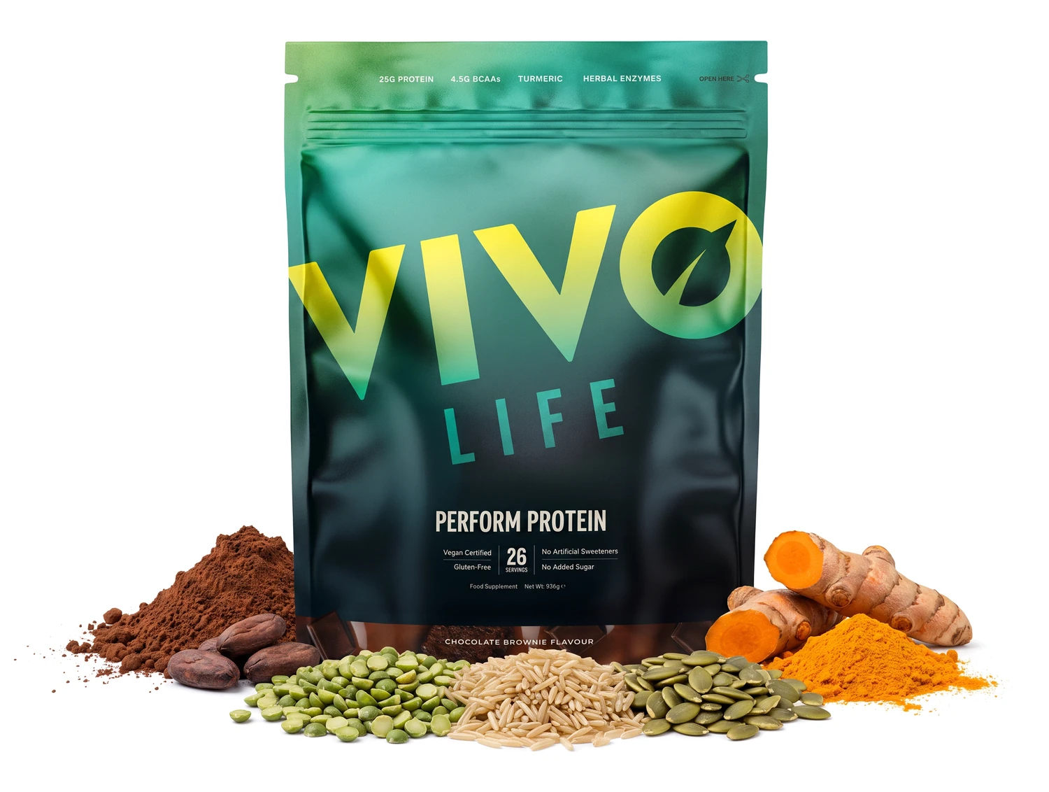Vivo Life PERFORM czekoladowe brownie 936 g z surowcami: kakao, białko grochu, ryż brązowy, pestki dyni i kurkuma