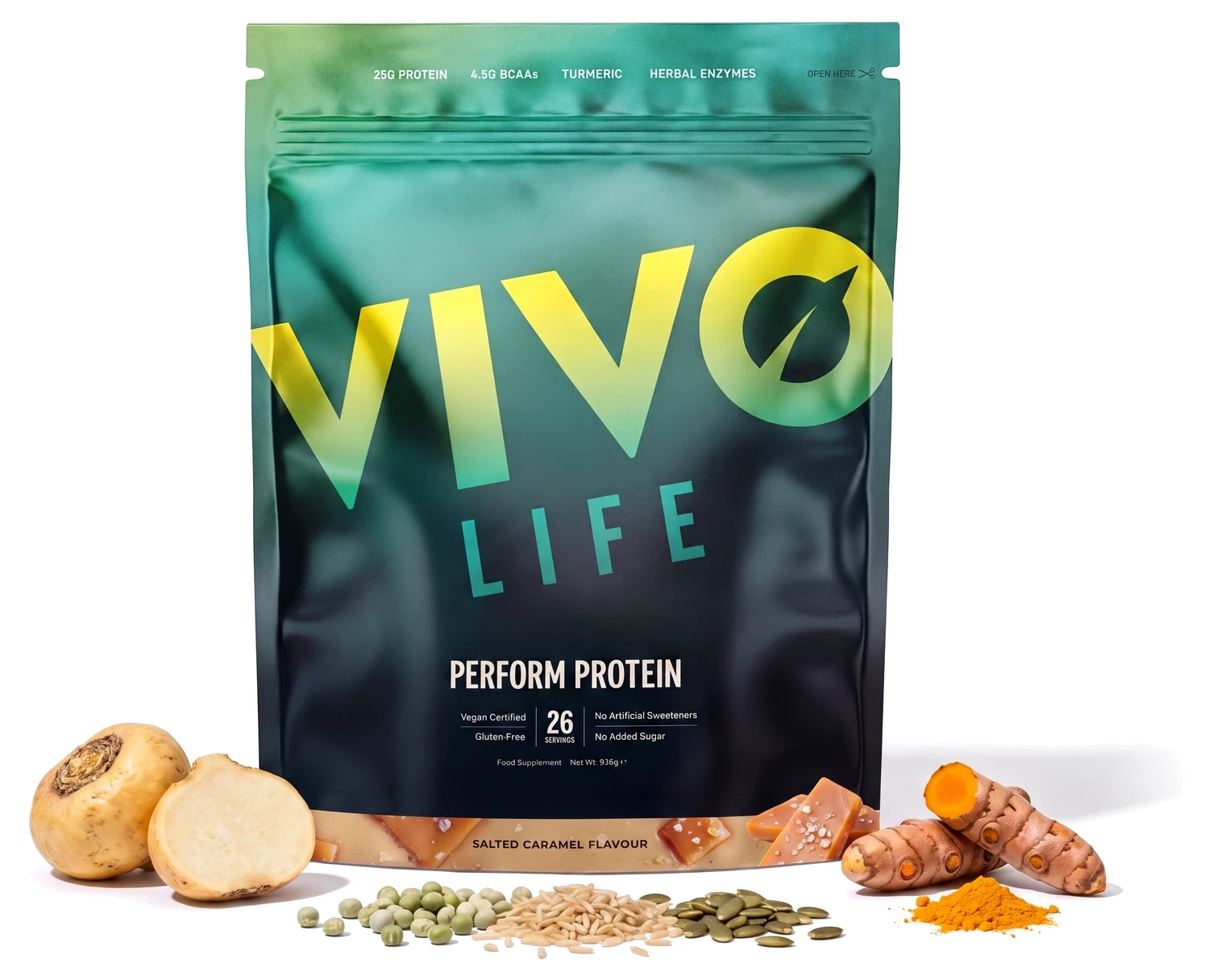 Vivo Life PERFORM słony karmel 936 g, wegańskie białko roślinne w proszku z BCAA i macą