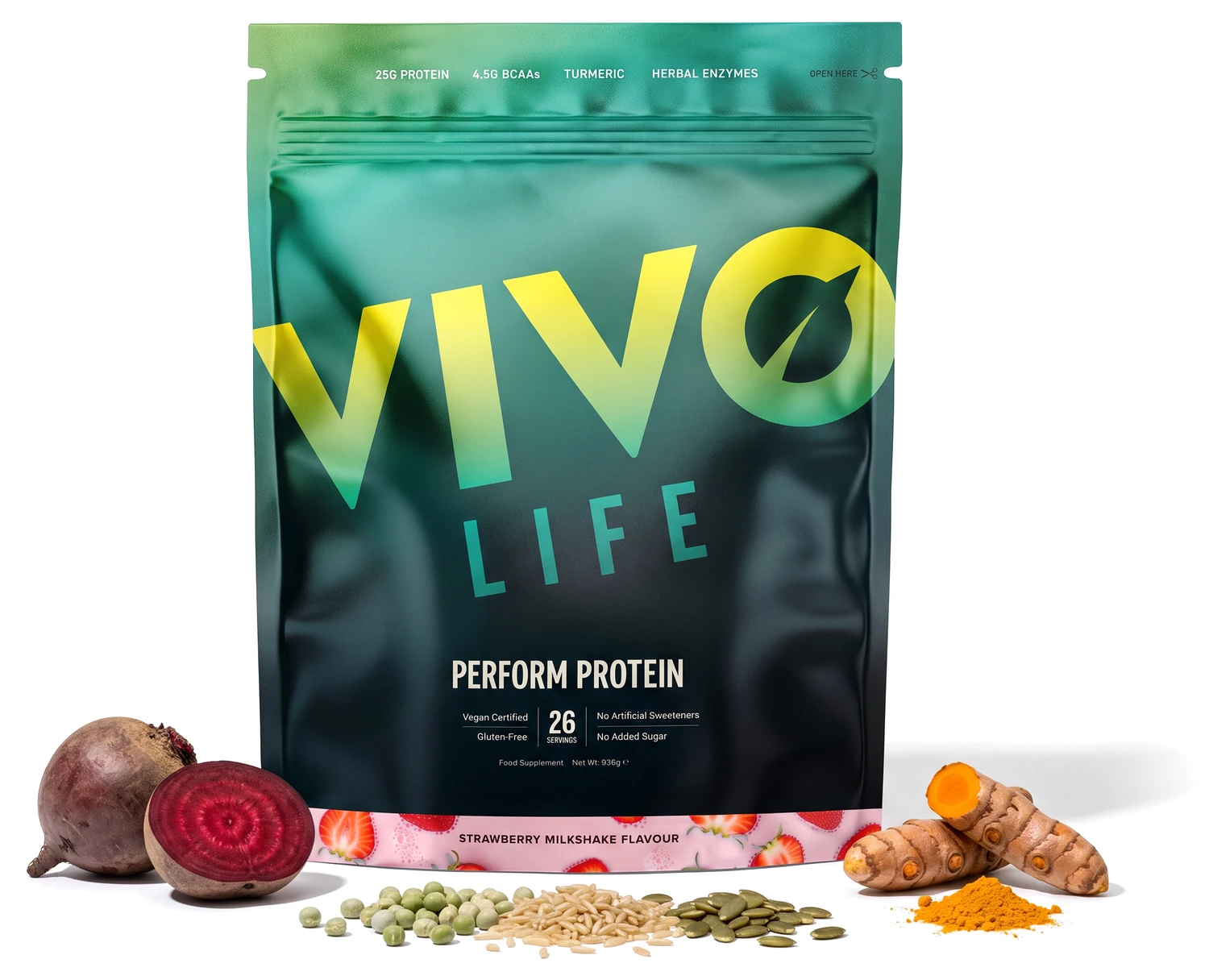 Vivo Life PERFORM truskawkowy milkshake 936 g, wegańskie białko roślinne w proszku z BCAA