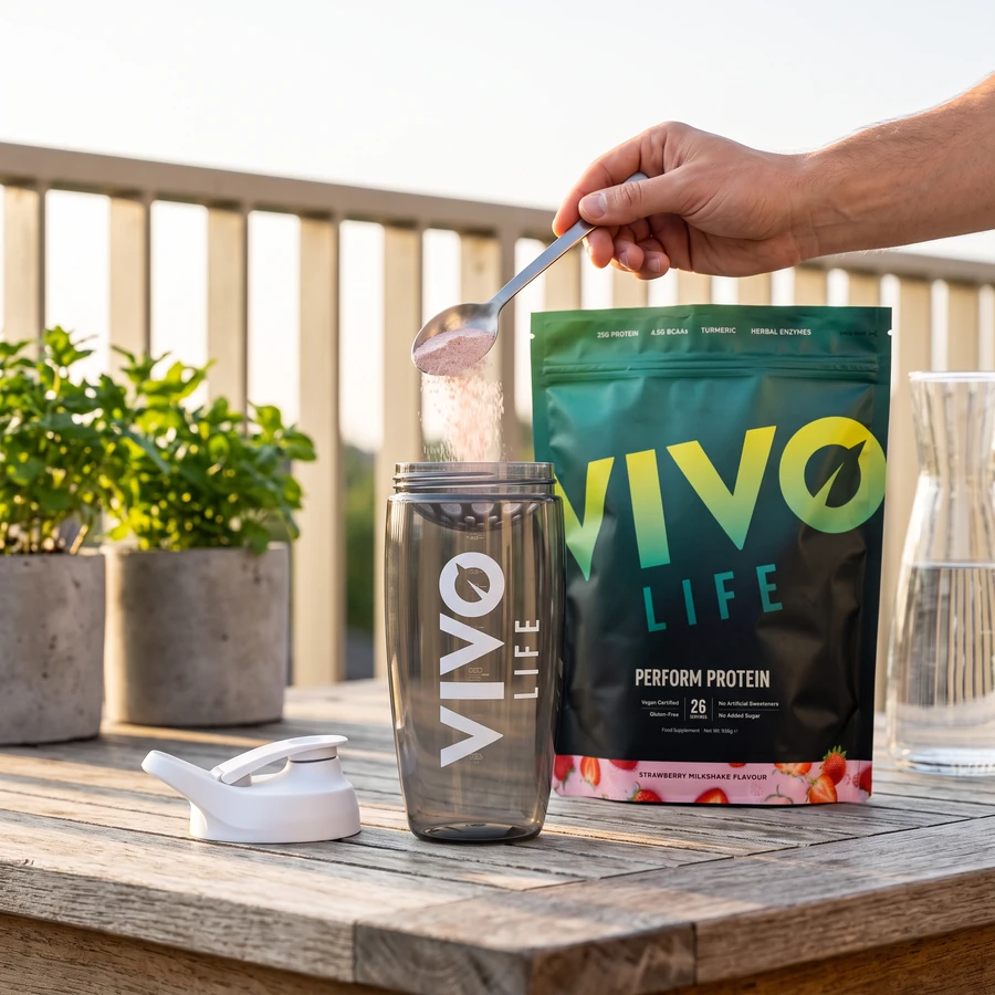 Krok 2: wsyp odmierzoną łyżką porcję PERFORM truskawkowy milkshake do shakera Vivo Life