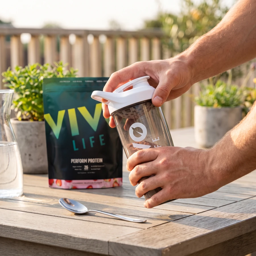 Krok 3: wstrząśnij zamknięty shaker Vivo Life z porcją PERFORM truskawkowy milkshake