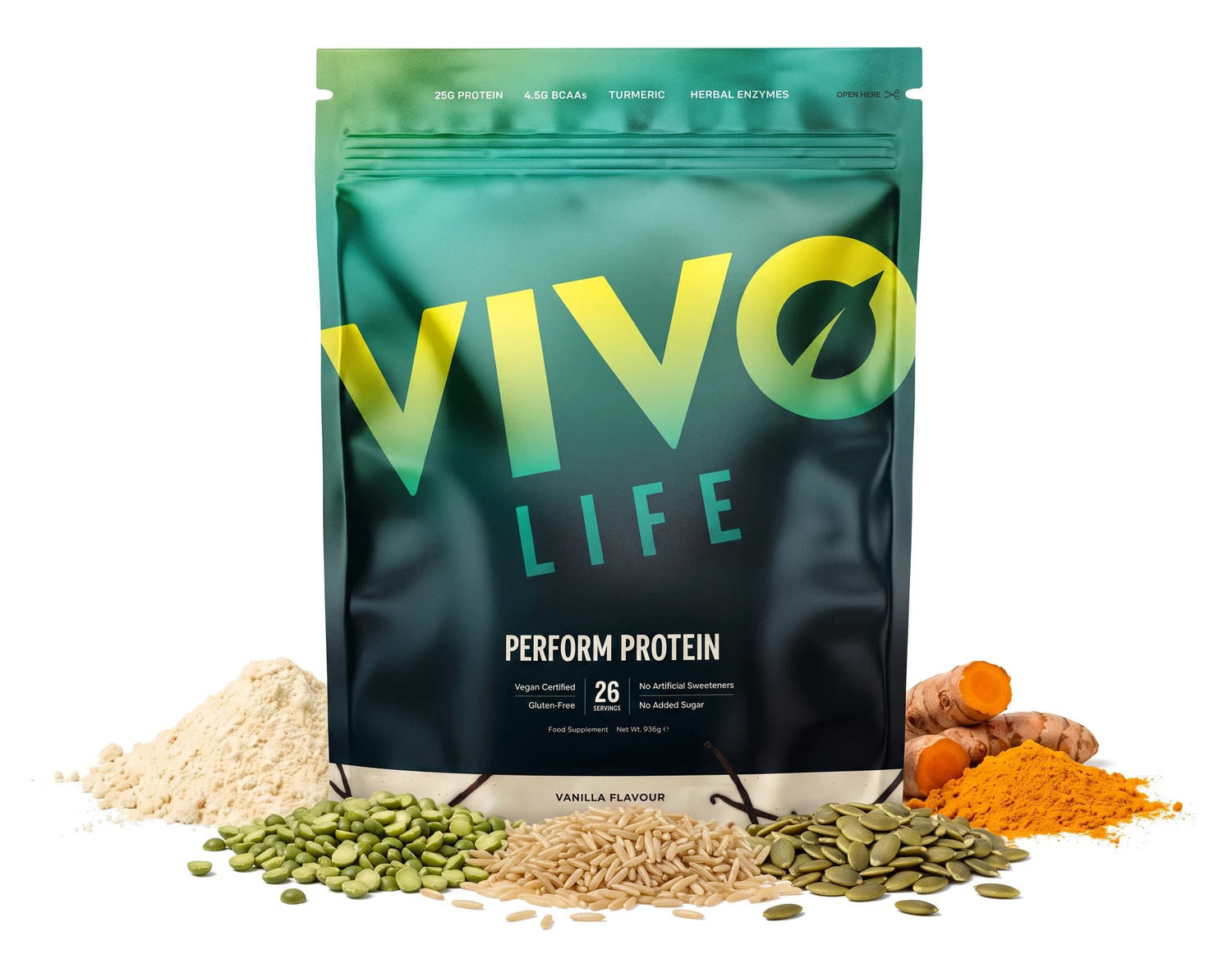 Vivo Life PERFORM waniliowy 936 g z surowcami: białko grochu, ryż brązowy, pestki dyni i kurkuma