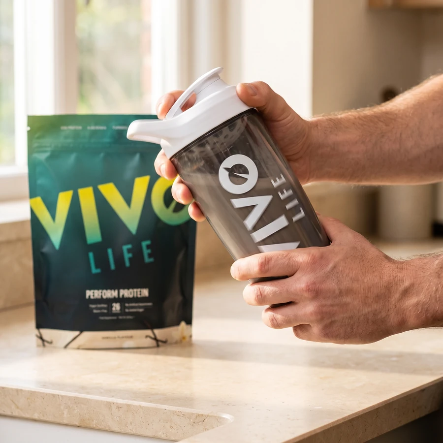Krok 3: wstrząśnij zamknięty shaker Vivo Life Eco Zen z porcją PERFORM