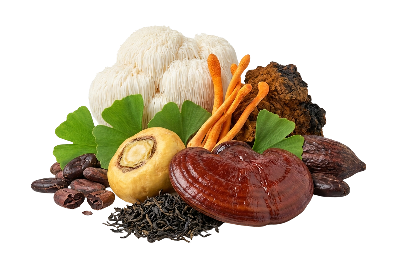 Składniki MINDGRND — grzyby funkcjonalne, maca, ginkgo biloba, kakao